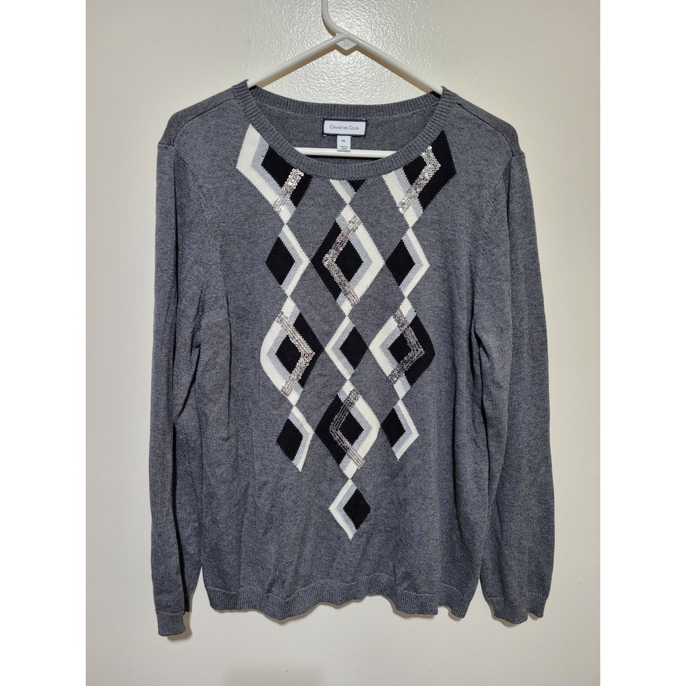 Charter Club Sweater Womens XL Grey Sequin Geometric Diamond Crew Neck